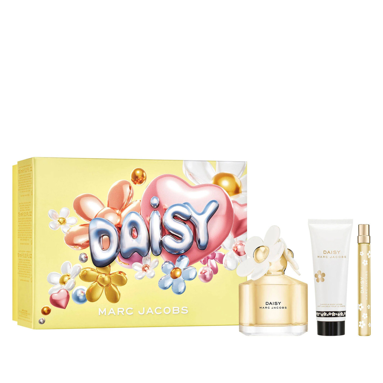 MARC JACOBS DAISY 3 PCS SET FOR WOMEN: 3.3 EAU DE TOILETTE SPRAY + 0.33 EAU DE TOILETTE SPRAY + 2.5 BODY LOTION..