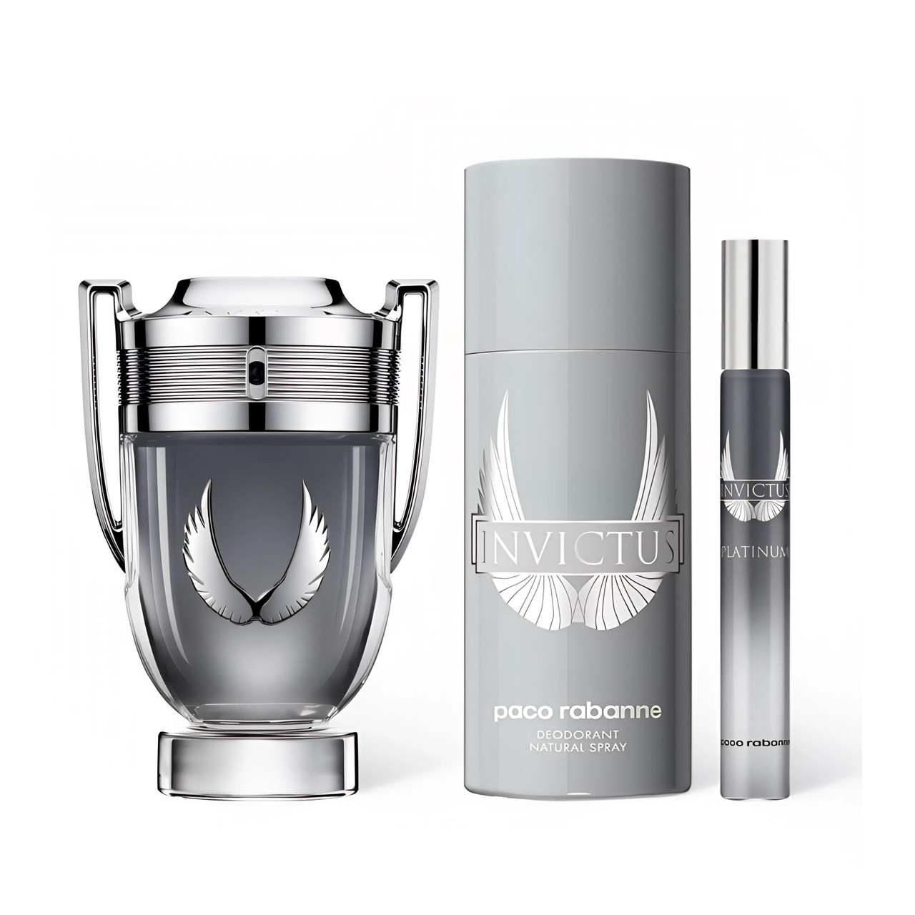 PACO RABANNE INVICTUS PLATINUM 3 PCS SET FOR MEN: 3.4 EAU DE PARFUM SPRAY + 5 OZ DEODORANT SPRAY + 0.34 EAU DE PARFUM SPRAY
