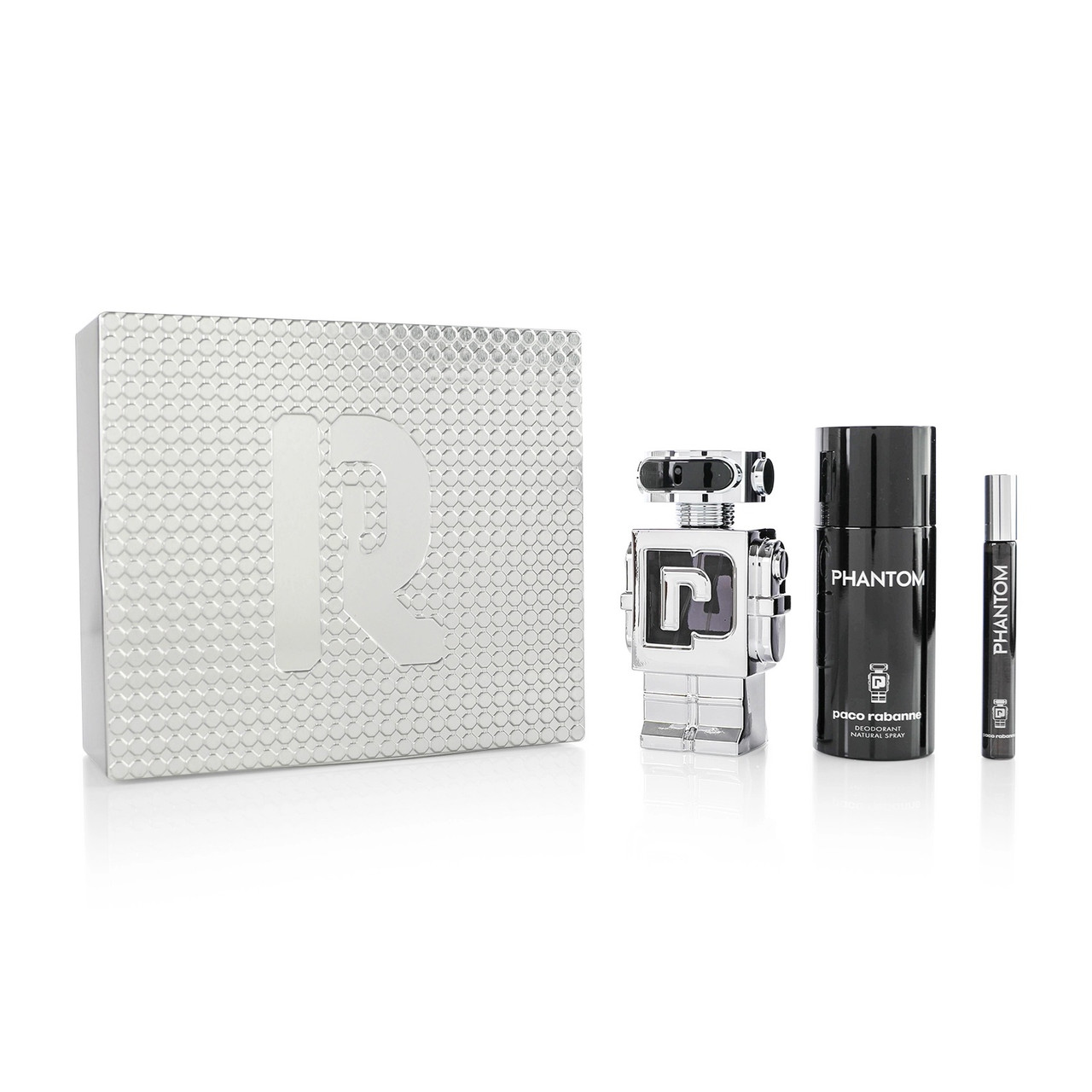 PACO RABANNE PHANTOM 3 PCS SET FOR MEN: 3.3 EAU DE TOILETTE SPRAY + 5 OZ DEODORANT SPRAY + 0.33 EAU DE TOILETTE SPRAY