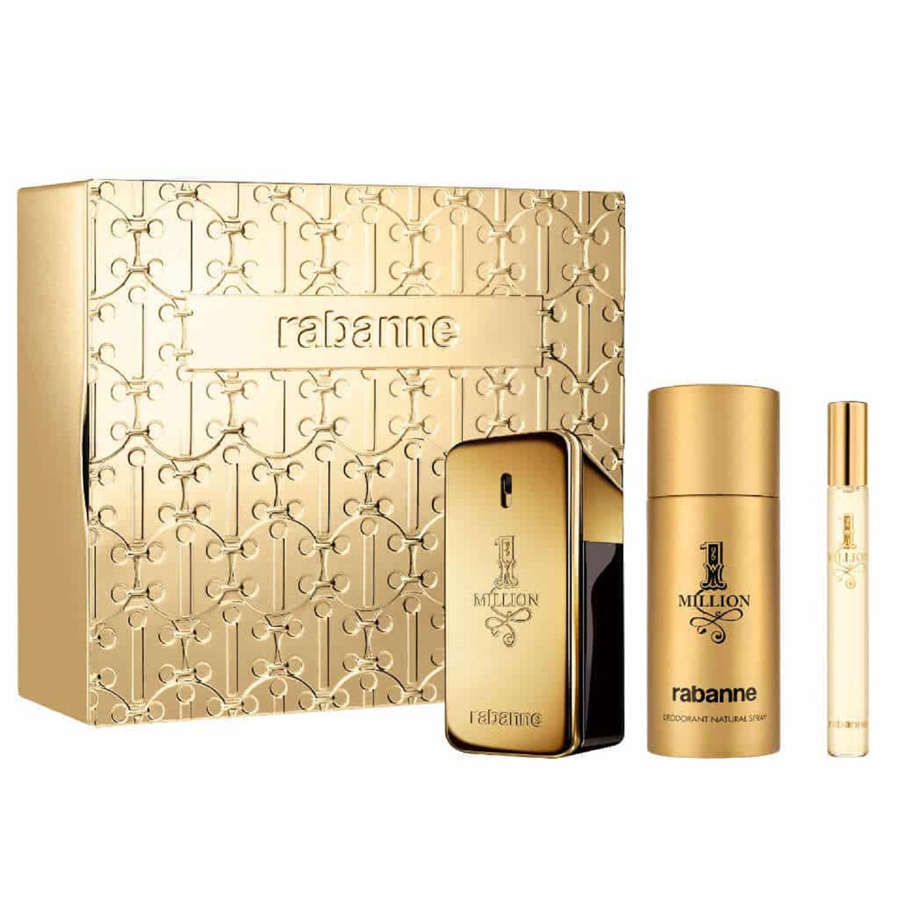 PACO RABANNE ONE MILLION 3 PCS SET FOR MEN: 1.7 EAU DE TOILETTE SPRAY + 5 OZ DEODORANT SPRAY + 0.33 EAU DE TOILETTE SPRAY