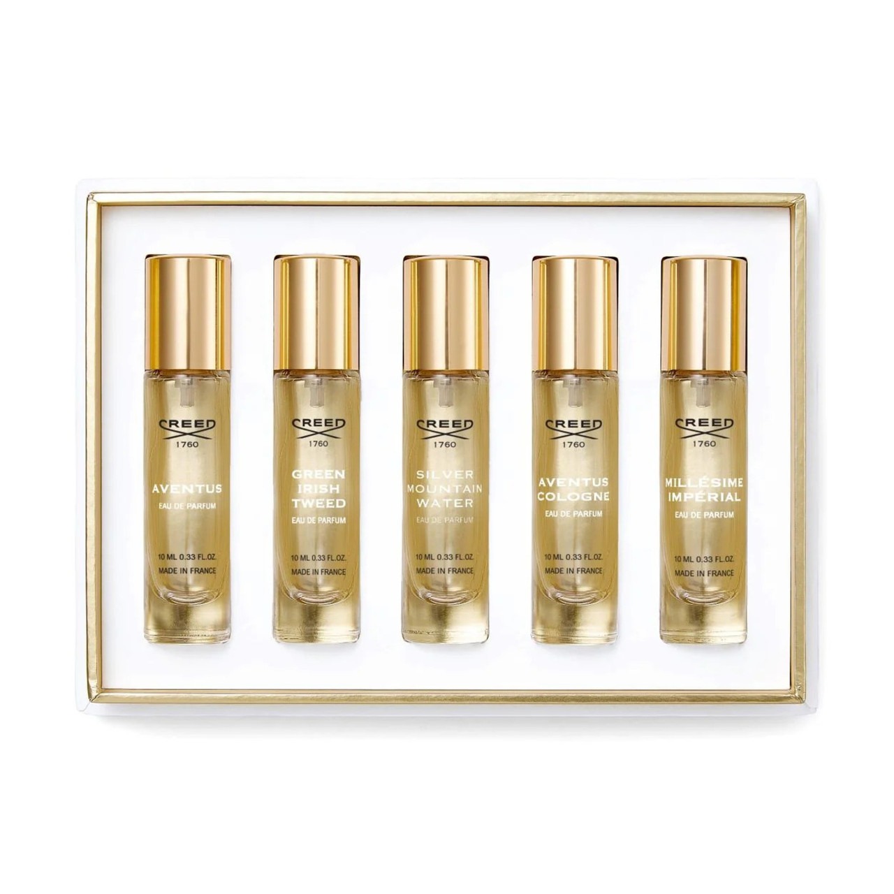 Creed 5 * 0.33 Eau De Parfum Spray Set For Men: Aventus + Silver Mountain Water + Aventus Cologne + Green Irish Tweed + Millesime Imperial