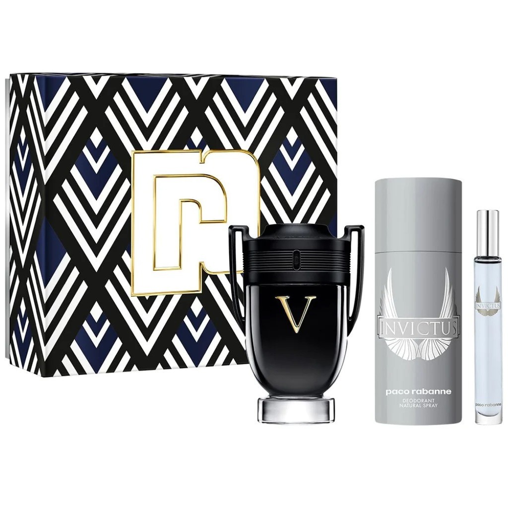 Paco Rabanne Invictus Victory 3 Pcs Set For Men: 3.4 Eau De Parfum + 5 Oz Deodorant Spray + 0.34 Eau De Parfum